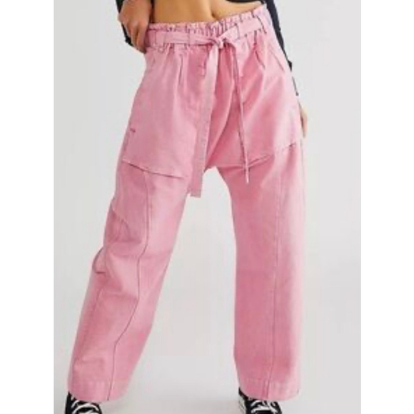 Free People Women's Pink Sky Rider Straight-Leg Casual Pink Pant Tie Waist Sz Xs - Picture 1 of 7
